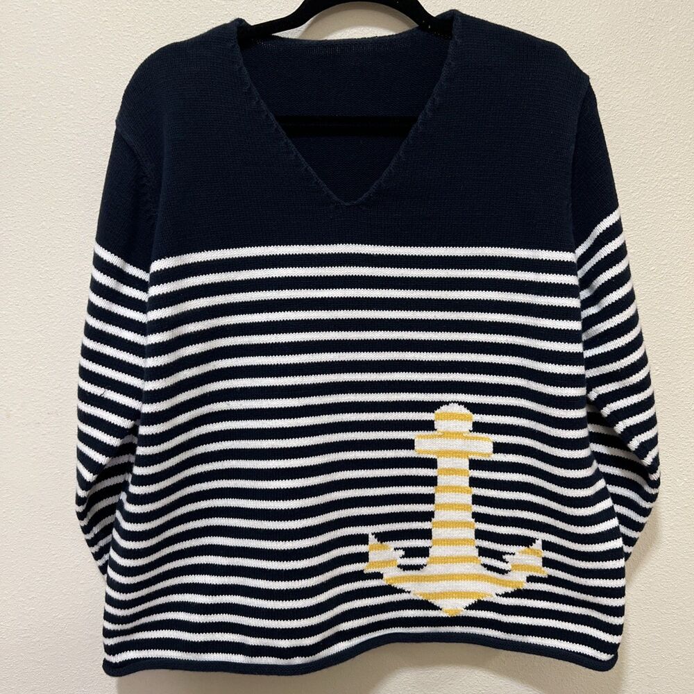 Women’s Nautical Sweater Stripes Anchor Old Money Sailing Beach